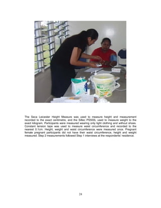 24
The Seca Leicester Height Measure was used to measure height and measurement
recorded to the exact centimetre, and the Siltec PS500L used to measure weight to the
exact kilogram. Participants were measured wearing only light clothing and without shoes.
Constant tension tape was used to measure waist circumference and recorded to the
nearest 0.1cm. Height, weight and waist circumference were measured once. Pregnant
female pregnant participants did not have their waist circumference, height and weight
measured. Step 2 measurements followed Step 1 interviews at the respondents’ residence.
 