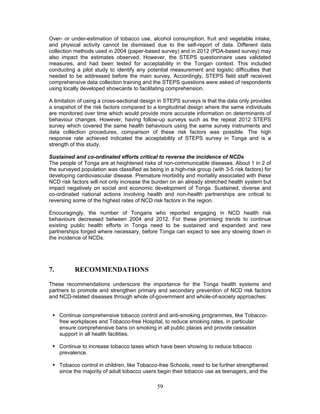 59
Over- or under-estimation of tobacco use, alcohol consumption, fruit and vegetable intake,
and physical activity cannot be dismissed due to the self-report of data. Different data
collection methods used in 2004 (paper-based survey) and in 2012 (PDA-based survey) may
also impact the estimates observed. However, the STEPS questionnaire uses validated
measures, and had been tested for acceptability in the Tongan context. This included
conducting a pilot study to identify any potential measurement and logistic difficulties that
needed to be addressed before the main survey. Accordingly, STEPS field staff received
comprehensive data collection training and the STEPS questions were asked of respondents
using locally developed showcards to facilitating comprehension.
A limitation of using a cross-sectional design in STEPS surveys is that the data only provides
a snapshot of the risk factors compared to a longitudinal design where the same individuals
are monitored over time which would provide more accurate information on determinants of
behaviour changes. However, having follow-up surveys such as the repeat 2012 STEPS
survey which covered the same health behaviours using the same survey instruments and
data collection procedures, comparison of these risk factors was possible. The high
response rate achieved indicated the acceptability of STEPS survey in Tonga and is a
strength of this study.
Sustained and co-ordinated efforts critical to reverse the incidence of NCDs
The people of Tonga are at heightened risks of non-communicable diseases. About 1 in 2 of
the surveyed population was classified as being in a high-risk group (with 3-5 risk factors) for
developing cardiovascular disease. Premature morbidity and mortality associated with these
NCD risk factors will not only increase the burden on an already stretched health system but
impact negatively on social and economic development of Tonga. Sustained, diverse and
co-ordinated national actions involving health and non-health partnerships are critical to
reversing some of the highest rates of NCD risk factors in the region.
Encouragingly, the number of Tongans who reported engaging in NCD health risk
behaviours decreased between 2004 and 2012. For these promising trends to continue
existing public health efforts in Tonga need to be sustained and expanded and new
partnerships forged where necessary, before Tonga can expect to see any slowing down in
the incidence of NCDs.
7. RECOMMENDATIONS
These recommendations underscore the importance for the Tonga health systems and
partners to promote and strengthen primary and secondary prevention of NCD risk factors
and NCD-related diseases through whole of-government and whole-of-society approaches:
 Continue comprehensive tobacco control and anti-smoking programmes, like Tobacco-
free workplaces and Tobacco-free Hospital, to reduce smoking rates, in particular
ensure comprehensive bans on smoking in all public places and provide cessation
support in all health facilities.
 Continue to increase tobacco taxes which have been showing to reduce tobacco
prevalence.
 Tobacco control in children, like Tobacco-free Schools, need to be further strengthened
since the majority of adult tobacco users begin their tobacco use as teenagers, and the
 