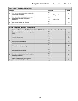 70
Participant Identification Number └─┴─┴─┘└─┴─┴─┘└─┴─┴─┘
CORE: History of Raised Blood Pressure
Question Response Code
66
Have you ever had your blood pressure measured by a
doctor or other health worker?
Yes 1
H1
No 2 If No, go to H6
67
Have you ever been told by a doctor or other health
worker that you have raised blood pressure or
hypertension?
Yes 1
H2a
No 2 If No, go to H6
68 Have you been told in the past 12 months?
Yes 1
H2b
No 2
EXPANDED: History of Raised Blood Pressure
69
Are you currently receiving any of the following treatments/advice for high blood pressure prescribed by a doctor or other health worker?
Drugs (medication) that you have taken in the past two
weeks
Yes 1
H3a
No 2
Advice to reduce salt intake
Yes 1
H3b
No 2
Advice or treatment to lose weight
Yes 1
H3c
No 2
Advice or treatment to stop smoking
Yes 1
H3d
No 2
Advice to start or do more exercise
Yes 1
H3e
No 2
70
Have you ever seen a traditional healer for raised blood
pressure or hypertension?
Yes 1
H4
No 2
71
Are you currently taking any herbal or traditional
remedy for your raised blood pressure?
Yes 1
H5
No 2
 