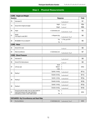72
Participant Identification Number └─┴─┴─┘└─┴─┴─┘└─┴─┴─┘
Step 2 Physical Measurements
CORE: Height and Weight
Question Response Code
78 Interviewer ID
└─┴─┴─┘
M1
79 Device IDs for height and weight
Height └─┴─┘ M2a
Weight └─┴─┘ M2b
80 Height in Centimetres (cm)
└─┴─┴─┘. └─┘
M3
81
Weight
If too large for scale 666.6
in Kilograms (kg)
└─┴─┴─┘.└─┘
M4
82 For women: Are you pregnant?
Yes 1 If Yes, go to M 8
M5
No 2
CORE: Waist
83 Device ID for waist
└─┴─┘
M6
84 Waist circumference in Centimetres (cm)
└─┴─┴─┘.└─┘
M7
CORE: Blood Pressure
85 Interviewer ID
└─┴─┴─┘
M8
86 Device ID for blood pressure
└─┴─┘
M9
87 Cuff size used
Small 1
M10
Medium 2
Large 3
88 Reading 1
Systolic ( mmHg)
└─┴─┴─┘ M11a
Diastolic (mmHg)
└─┴─┴─┘ M11b
89 Reading 2
Systolic ( mmHg)
└─┴─┴─┘ M12a
Diastolic (mmHg)
└─┴─┴─┘ M12b
90 Reading 3
Systolic ( mmHg)
└─┴─┴─┘ M13a
Diastolic (mmHg)
└─┴─┴─┘ M13b
91
During the past two weeks, have you been treated for
raised blood pressure with drugs (medication)
prescribed by a doctor or other health worker?
Yes 1
M14
No 2
EXPANDED: Hip Circumference and Heart Rate
92 Hip circumference in Centimeters (cm) └─┴─┴─┘.└─┘ M15
 