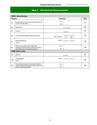 73
Participant Identification Number └─┴─┴─┘└─┴─┴─┘└─┴─┴─┘
Step 3 Biochemical Measurements
CORE: Blood Glucose
Question Response Code
93
During the past 12 hours have you had anything to eat
or drink, other than water?
Yes 1
B1
No 2
94 Technician ID └─┴─┴─┘ B2
95 Device ID
└─┴─┘
B3
96 Time of day blood specimen taken (24 hour clock) Hours : minutes
└─┴─┘: └─┴─┘
hrs mins
B4
97
Fasting blood glucose
mmol/l
mmol/l
└─┴─┘. └─┴─┘ B5
98
Today, have you taken insulin or other drugs
(medication) that have been prescribed by a doctor or
other health worker for raised blood glucose?
Yes 1
B6
No 2
CORE: Blood Lipids
99 Device ID
└─┴─┘
B7
100
Total cholesterol
mmol/l
mmol/l
└─┴─┘. └─┴─┘ B8
101
During the past two weeks, have you been treated for
raised cholesterol with drugs (medication) prescribed by
a doctor or other health worker?
Yes 1
B9
No 2
 