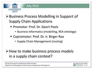 My PhD

Business Process Modelling in Support of
 Supply Chain Applications
        Promotor: Prof. Dr. Geert Poels
             • Business Informatics (modelling, REA ontology)
        Copromotor: Prof. Dr. Ir. Birger Raa
             • Supply Chain Management (routing)


How to make business process models
 in a supply chain context?
Faculty of Economics and Business Administration                 Jan Claes for TUe 2012
Department of Management Information and Operations Management                    5 / 17
 