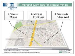 Merging event logs for process mining


      1. Process                              2. Merging         3. Progress &
         Mining                                  Event Logs         Future Work




  © http://maps.google.com
Faculty of Economics and Business Administration                     Jan Claes for TUe 2012
Department of Management Information and Operations Management                        8 / 17
 