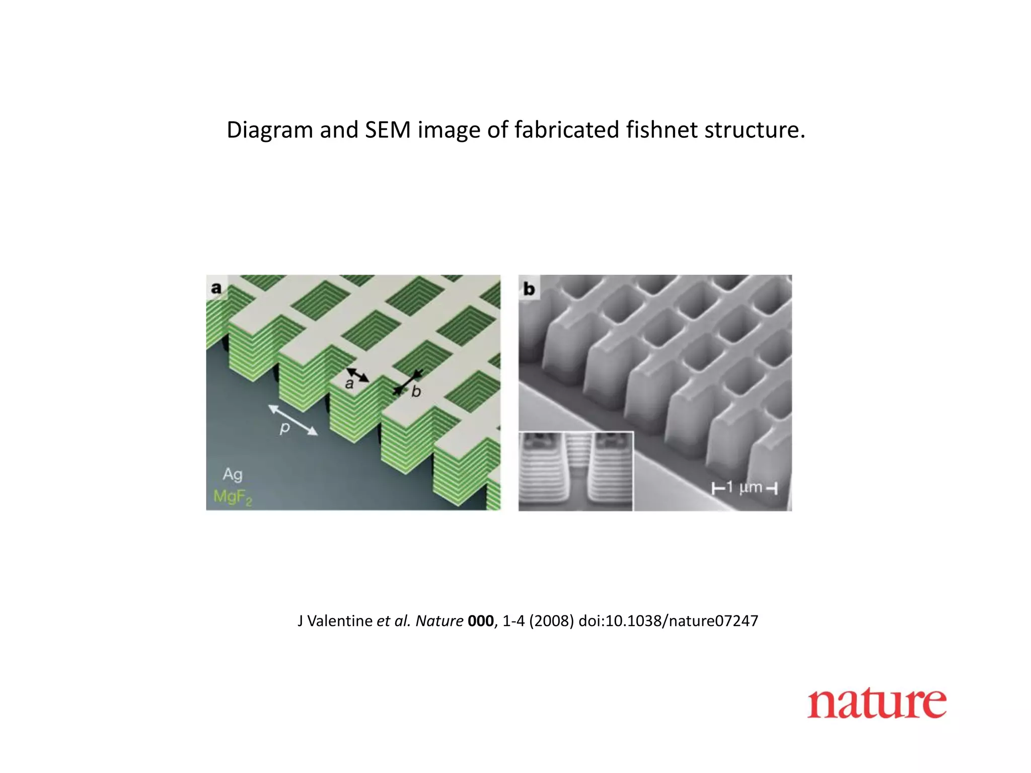 Diagram and SEM image of fabricated fishnet structure.




      J Valentine et al. Nature 000, 1-4 (2008) doi:10.1038/nature07247
 