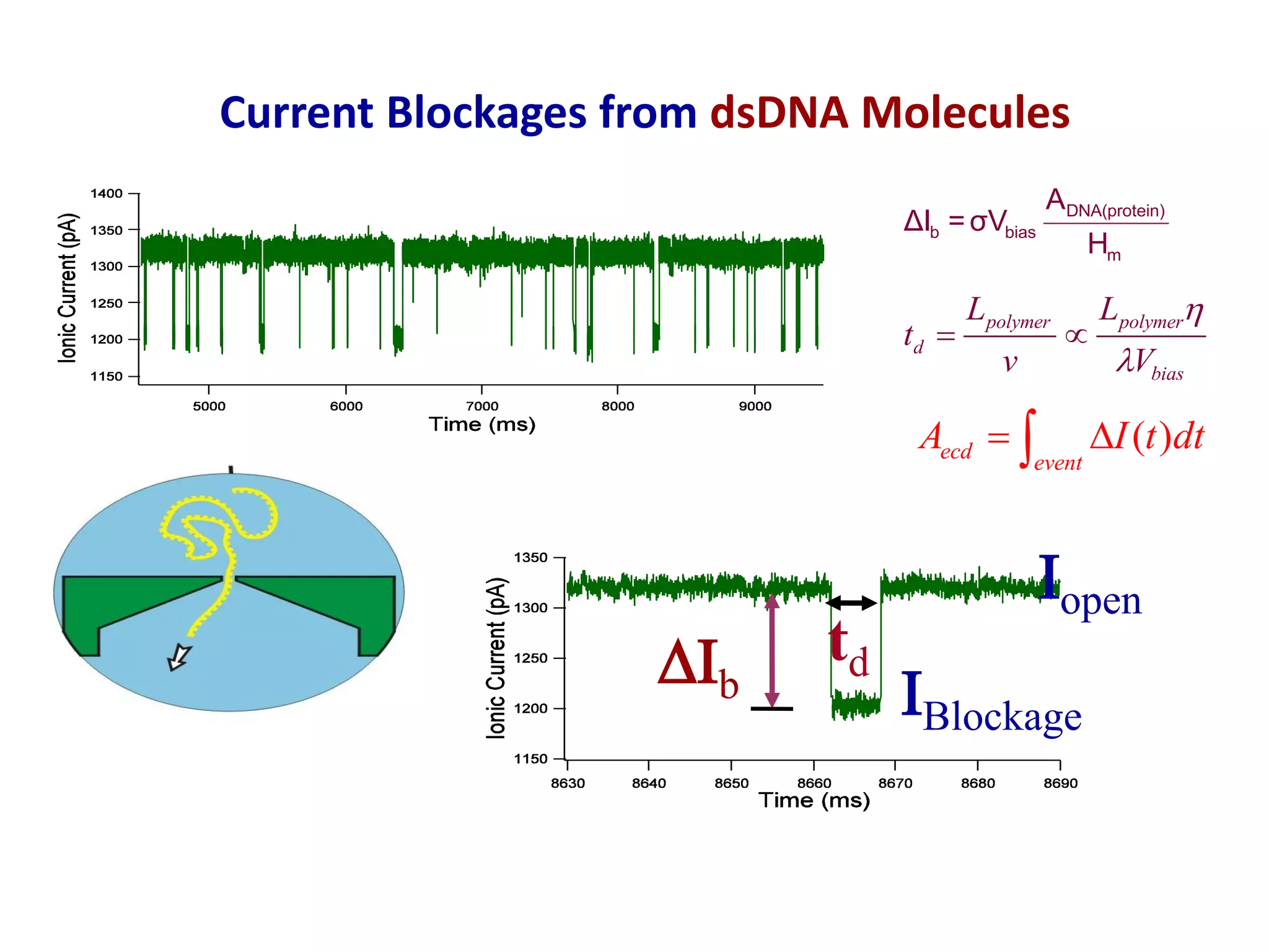 Current Blockages from dsDNA Molecules
                                               ADNA(protein)
                                ΔIb = σVbias
                                                      Hm

                                       Lpolymer       Lpolymer
                                td               
                                          v            Vbias

                                 Aecd               DI (t )dt
                                              event




                                               Iopen
                   DIb     td
                                IBlockage
 
