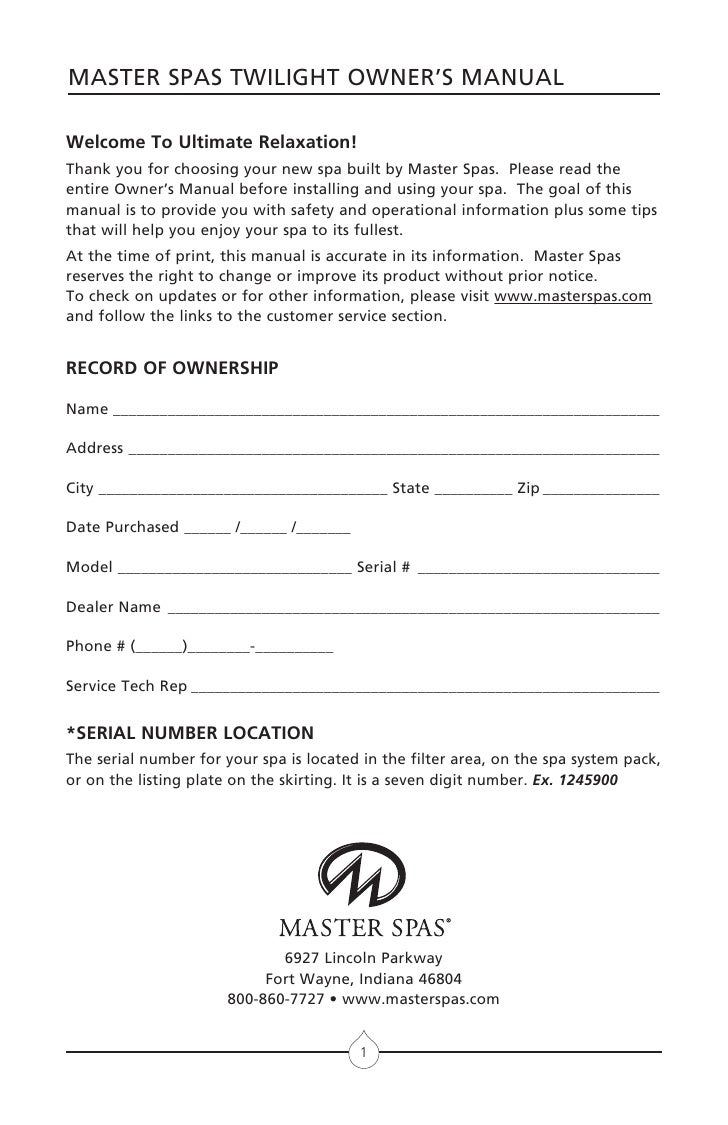 MASTER SPAS TWILIGHT OWNER’S MANUAL