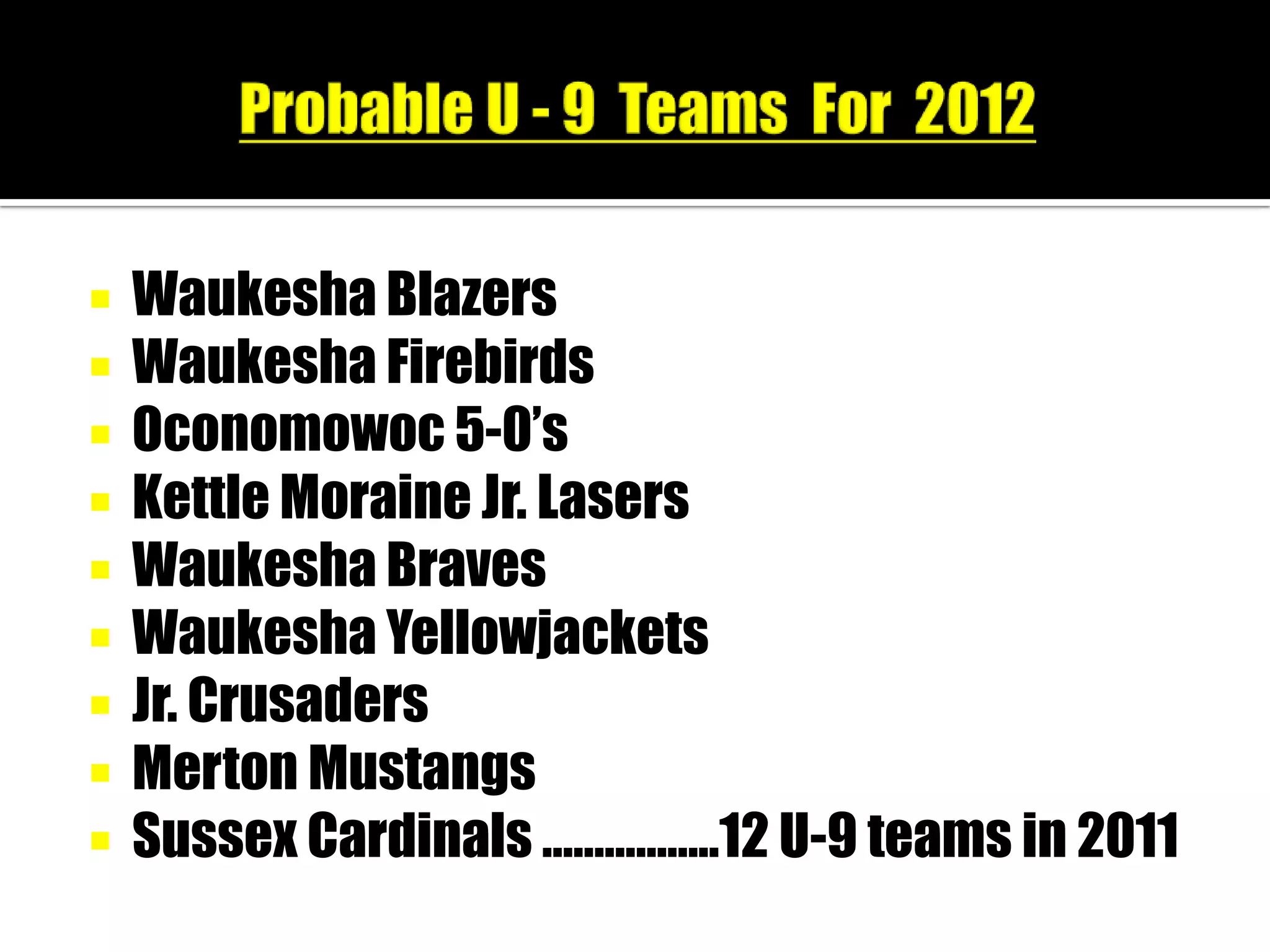   Waukesha Blazers
   Waukesha Firebirds
   Oconomowoc 5-0’s
   Kettle Moraine Jr. Lasers
   Waukesha Braves
   Waukesha Yellowjackets
   Jr. Crusaders
   Merton Mustangs
   Sussex Cardinals ……………..12 U-9 teams in 2011
 