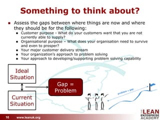 www.leanuk.org
Something to think about?
 Assess the gaps between where things are now and where
they should be for the f...