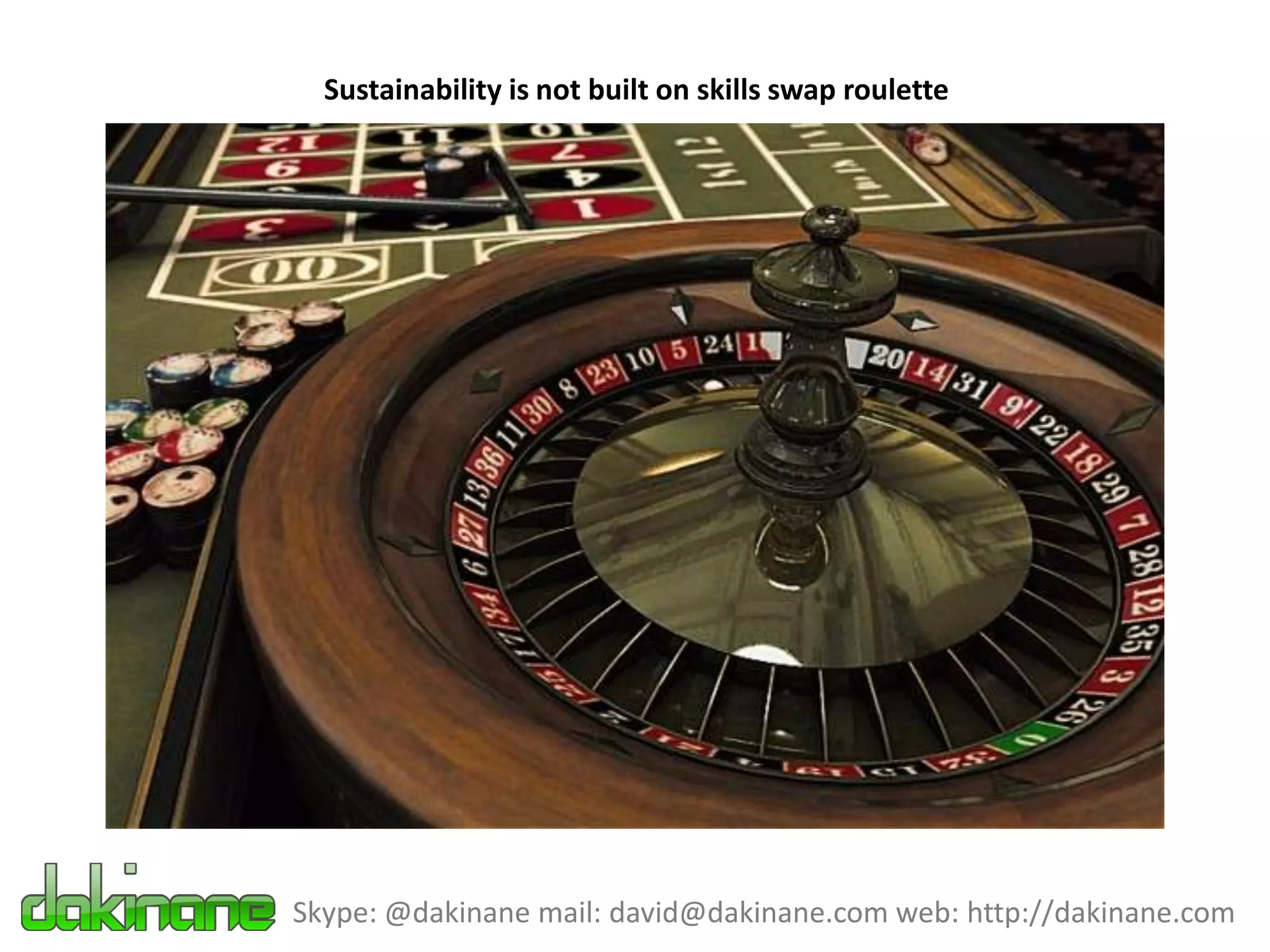 Sustainability is not built on skills swap roulette




Skype: @dakinane mail: david@dakinane.com web: http://dakinane.com
 