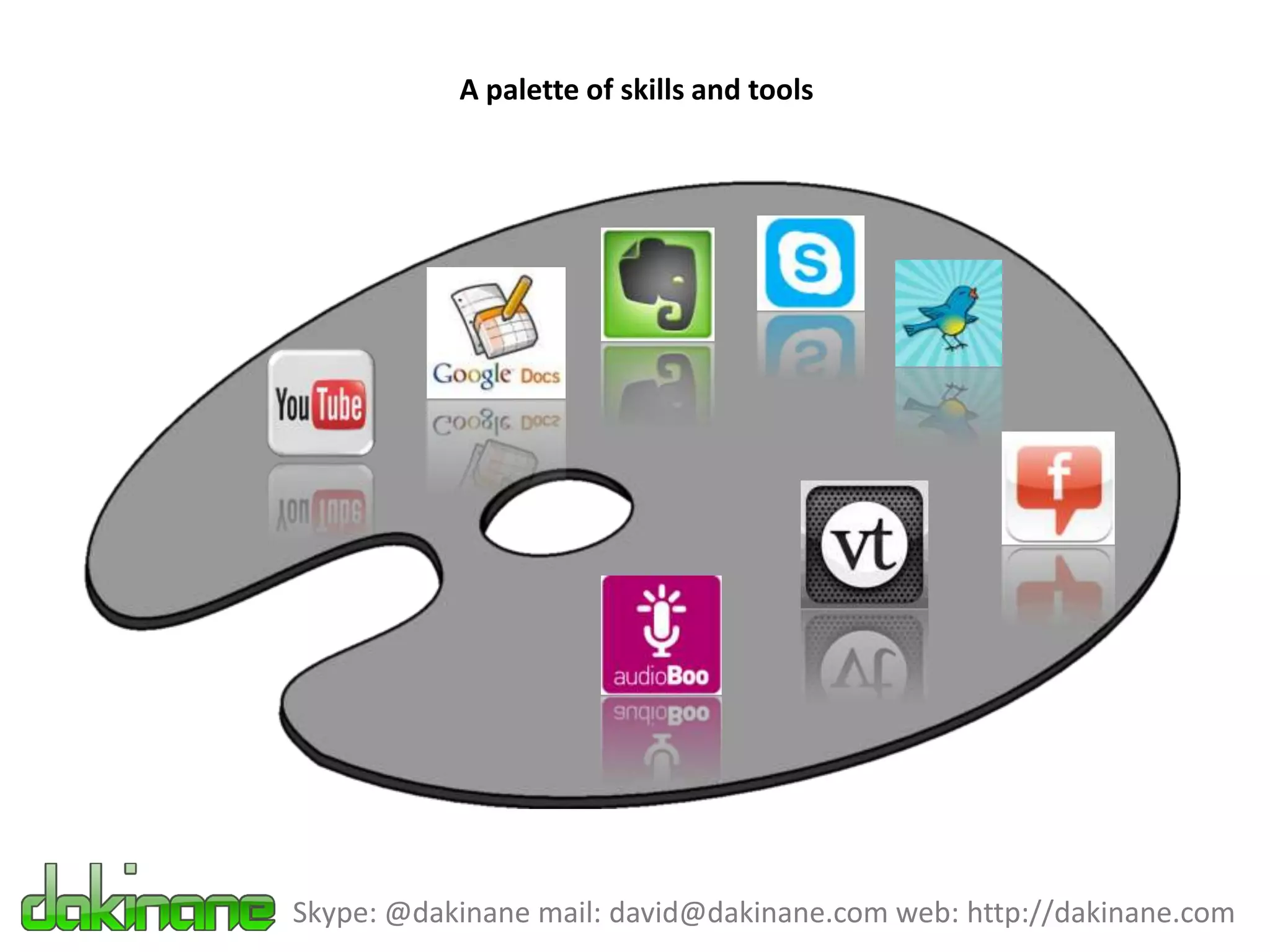 A palette of skills and tools




Skype: @dakinane mail: david@dakinane.com web: http://dakinane.com
 