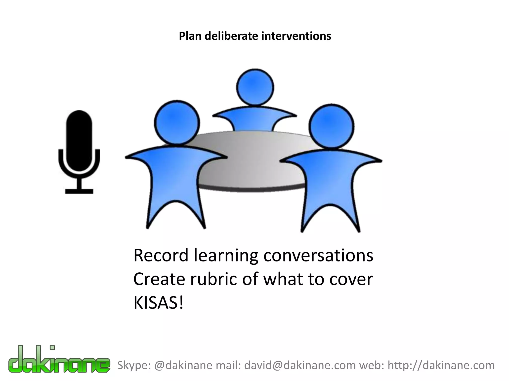 Plan deliberate interventions




  Record learning conversations
  Create rubric of what to cover
  KISAS!


Skype: @dakinane mail: david@dakinane.com web: http://dakinane.com
 