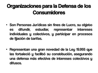 Organizaciones para la Defensa de los
           Consumidores

• Son Personas Jurídicas sin fines de Lucro, su objeto
  es difundir, estudiar, representar intereses
  individuales y colectivos, y participar en procesos
  de fijación de tarifas.

• Representan una gran novedad de la Ley 19.955 que
  las fortaleció y facilitó su constitución, asegurando
  una defensa más efectiva de intereses colectivos y
  difusos.
 