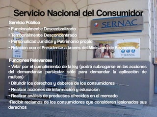 Servicio Nacional del Consumidor
Servicio Público
• Funcionalmente Descentralizado
• Territorialmente Desconcentrado
• Personalidad Jurídica y Patrimonio propio
• Relación con el Presidente a través del Ministerio de Economía

Funciones Relevantes
• Velar por el cumplimiento de la ley (podrá subrogarse en las acciones
del demandante particular sólo para demandar la aplicación de
multas)
• Difundir los derechos y deberes de los consumidores
• Realizar acciones de información y educación
• Realizar análisis de productos ofrecidos en el mercado
•Recibir reclamos de los consumidores que consideren lesionados sus
derechos
 
