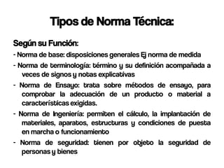 Tipos de Norma Técnica:
Según su Función:
- Norma de base: disposiciones generales Ej norma de medida
- Norma de terminología: término y su definición acompañada a
   veces de signos y notas explicativas
- Norma de Ensayo: trata sobre métodos de ensayo, para
   comprobar la adecuación de un producto o material a
   características exigidas.
- Norma de Ingeniería: permiten el cálculo, la implantación de
   materiales, aparatos, estructuras y condiciones de puesta
   en marcha o funcionamiento
- Norma de seguridad: tienen por objeto la seguridad de
   personas y bienes
 