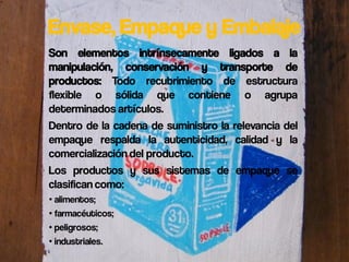 Envase, Empaque y Embalaje
Son elementos intrínsecamente ligados a la
manipulación, conservación y transporte de
productos: Todo recubrimiento de estructura
flexible o sólida que contiene o agrupa
determinados artículos.
Dentro de la cadena de suministro la relevancia del
empaque respalda la autenticidad, calidad y la
comercialización del producto.
Los productos y sus sistemas de empaque se
clasifican como:
• alimentos;
• farmacéuticos;
• peligrosos;
• industriales.
 