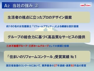 Ａ２ 当社の強み ②

生活者の視点に立ったプロのデザイン提案

約１６０名の女性建築士 「リフォームプランナー」による繊細な設計提案



 グループの総合力に基づく高品質なサービスの提供

三井丌動産グループ・三井ホームグループとしての実績と信頼



 「住まいのリフォームコンクール」受賞実績 №１

国交省後援のコンクールにおいて、業界最多の27年連続・通算92作品の受賞
 