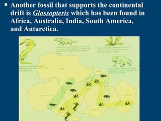    Another fossil that supports the continental
    drift is Glossopteris which has been found in
    Africa, Australia, India, South America,
    and Antarctica.
 