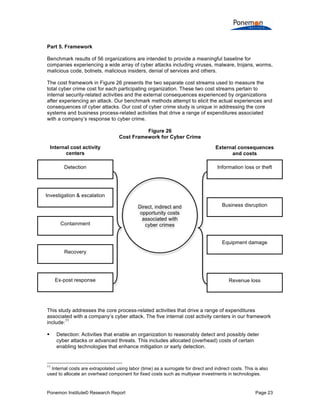 Ponemon Institute© Research Report Page 23
Part 5. Framework
Benchmark results of 56 organizations are intended to provide a meaningful baseline for
companies experiencing a wide array of cyber attacks including viruses, malware, trojans, worms,
malicious code, botnets, malicious insiders, denial of services and others.
The cost framework in Figure 26 presents the two separate cost streams used to measure the
total cyber crime cost for each participating organization. These two cost streams pertain to
internal security-related activities and the external consequences experienced by organizations
after experiencing an attack. Our benchmark methods attempt to elicit the actual experiences and
consequences of cyber attacks. Our cost of cyber crime study is unique in addressing the core
systems and business process-related activities that drive a range of expenditures associated
with a company’s response to cyber crime.
Figure 26
Cost Framework for Cyber Crime
This study addresses the core process-related activities that drive a range of expenditures
associated with a company’s cyber attack. The five internal cost activity centers in our framework
include:
11
 Detection: Activities that enable an organization to reasonably detect and possibly deter
cyber attacks or advanced threats. This includes allocated (overhead) costs of certain
enabling technologies that enhance mitigation or early detection.
11
Internal costs are extrapolated using labor (time) as a surrogate for direct and indirect costs. This is also
used to allocate an overhead component for fixed costs such as multiyear investments in technologies.
Detection
Investigation & escalation
Containment
Recovery
Ex-post response
Information loss or theft
Business disruption
Equipment damage
Revenue loss
Direct, indirect and
opportunity costs
associated with
cyber crimes
Internal cost activity
centers
External consequences
and costs
 