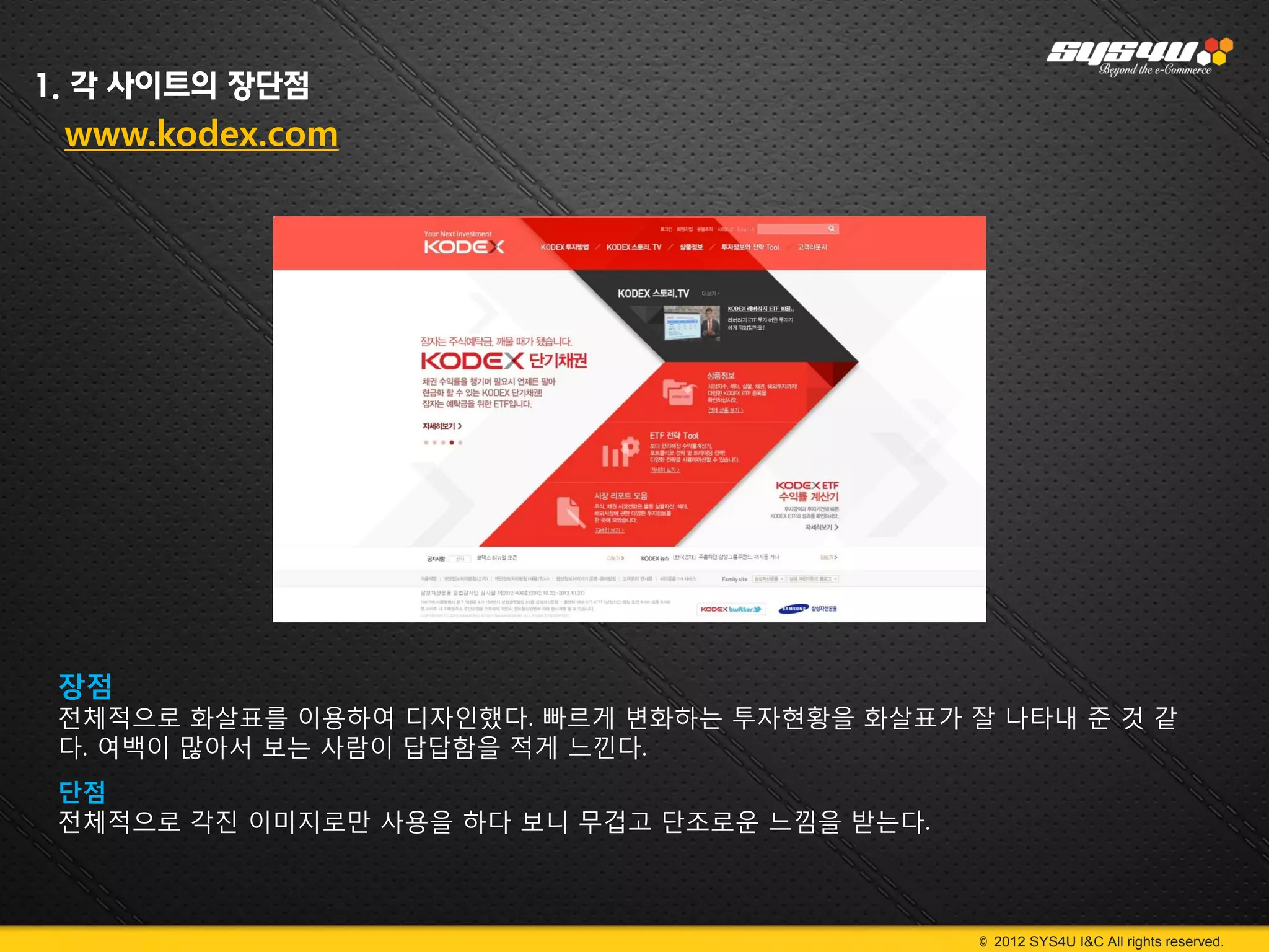 1. 각 사이트의 장단점
 www.kodex.com




 장점
 전체적으로 화살표를 이용하여 디자인했다. 빠르게 변화하는 투자현황을 화살표가 잘 나타내 준 것 같
 다. 여백이 많아서 보는 사람이 답답함을 적게 느낀다.
 단점
 전체적으로 각진 이미지로만 사용을 하다 보니 무겁고 단조로운 느낌을 받는다.



                                              © 2012 SYS4U I&C All rights reserved.
 