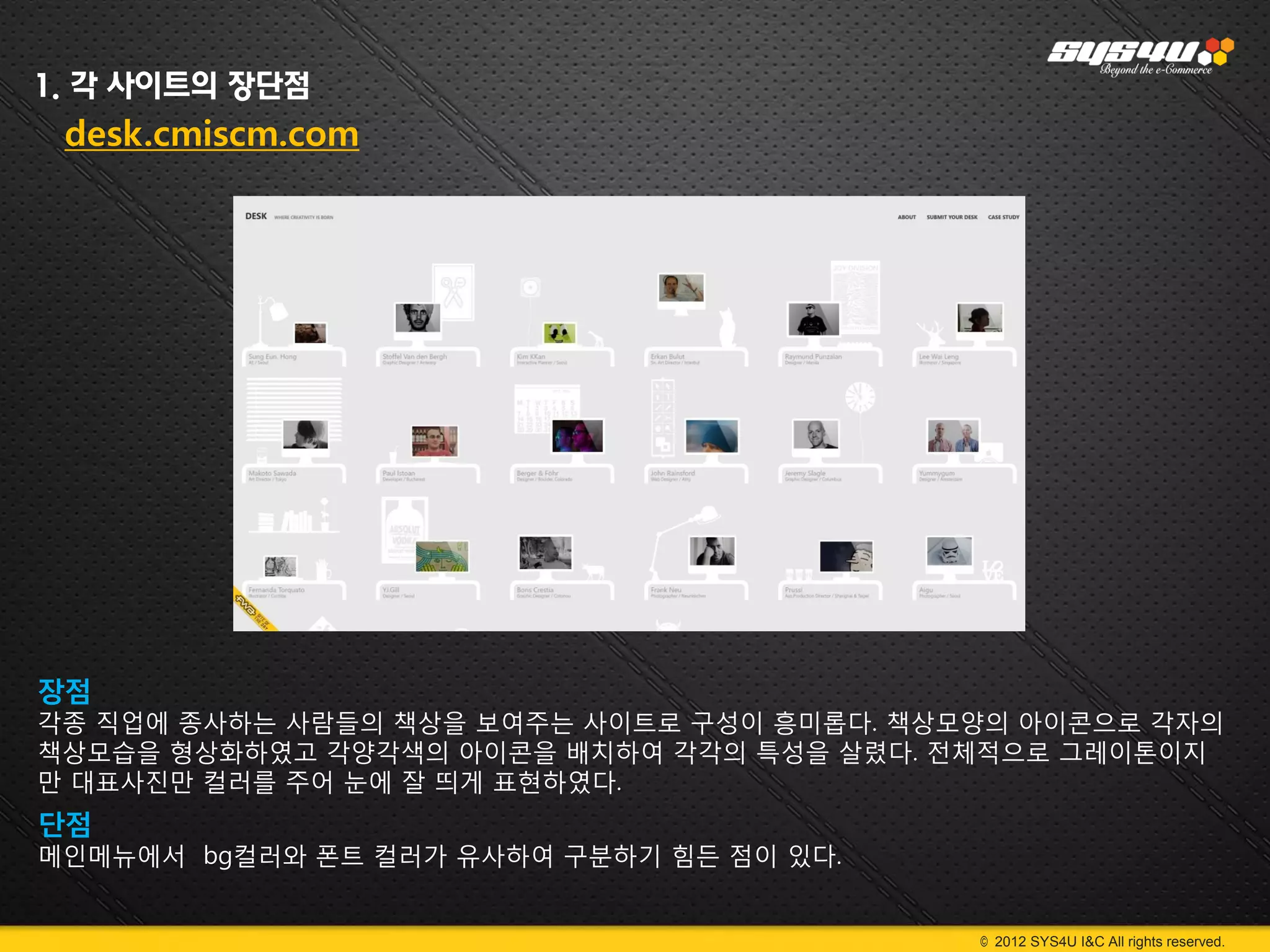 1. 각 사이트의 장단점
 desk.cmiscm.com




장점
각종 직업에 종사하는 사람들의 책상을 보여주는 사이트로 구성이 흥미롭다. 책상모양의 아이콘으로 각자의
책상모습을 형상화하였고 각양각색의 아이콘을 배치하여 각각의 특성을 살렸다. 전체적으로 그레이톤이지
만 대표사진만 컬러를 주어 눈에 잘 띄게 표현하였다.
단점
메인메뉴에서 bg컬러와 폰트 컬러가 유사하여 구분하기 힘든 점이 있다.


                                            © 2012 SYS4U I&C All rights reserved.
 