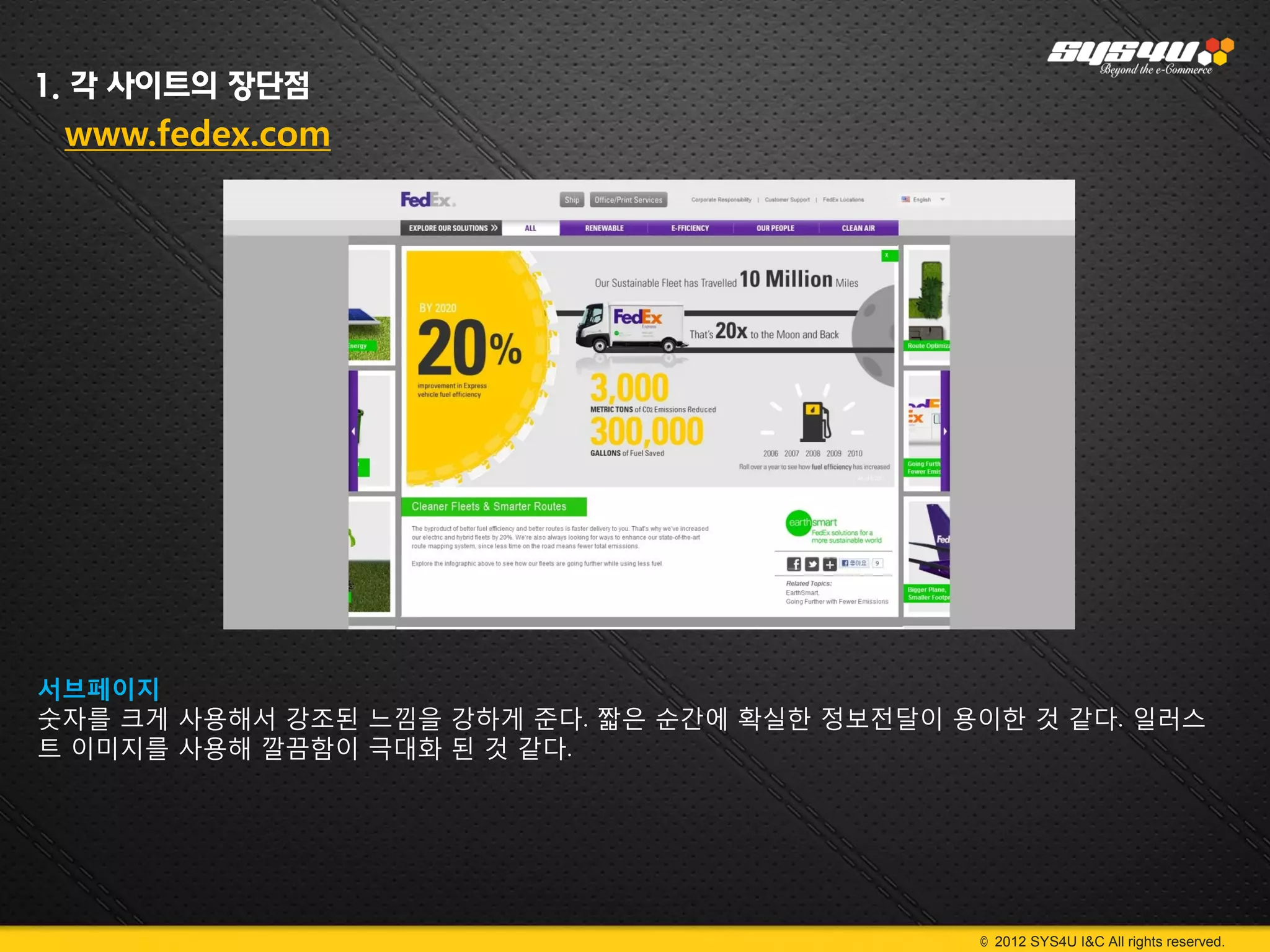 1. 각 사이트의 장단점
 www.fedex.com




서브페이지
숫자를 크게 사용해서 강조된 느낌을 강하게 준다. 짧은 순간에 확실한 정보전달이 용이한 것 같다. 일러스
트 이미지를 사용해 깔끔함이 극대화 된 것 같다.




                                              © 2012 SYS4U I&C All rights reserved.
 