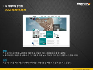 1. 각 사이트의 장단점
 www.hanafn.com




장점
전체적으로 그린톤을 사용하여 차분하고 신뢰감 있는 금융이미지를 잘 살렸다.
바둑판형식의 그리드를 사용하고 그 안에 폰트를 넣어 전체적으로 정리되어있는 느낌을 준다.

단점
메인 이미지를 제외 하고 나머지 이미지는 그레이톤을 사용해서 눈에 잘 띄지 않는다.


                                                 © 2012 SYS4U I&C All rights reserved.
 