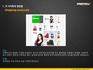 1. 각 사이트의 장단점
 shopping.naver.com




장점
전체적으로 깔끔한 구성을 보여준다. 하나의 이미지와 포인트를 주는 글씨만을 사용해서 화면을 구성하여
보기 편하고 폰트의 가독성도 좋다. 상단에 네이버 특유의 녹색 네비게이션바가 시선을 한눈에 사로잡는다.

단점
단조로운 구성 이여서 조금 지루한 면이있다.



                                             © 2012 SYS4U I&C All rights reserved.
 