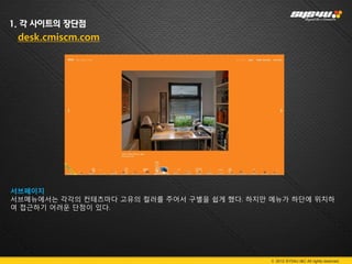 1. 각 사이트의 장단점
 desk.cmiscm.com




서브페이지
서브메뉴에서는 각각의 컨테츠마다 고유의 컬러를 주어서 구별을 쉽게 했다. 하지만 메뉴가 하단에 위치하
여 접근하기 어려운 단점이 있다.




                                             © 2012 SYS4U I&C All rights reserved.
 