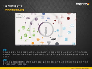 1. 각 사이트의 장단점
 www.moma.org




장점
가운데 원을 중심으로 각 구역이 설정되는 메뉴구성이다. 각 구역에 점으로 순서를 나타낸 것이 눈에 띈다.
메뉴마다 고유의 색이 있어서 구분이 잘된다. 전체적인 컬러를 파스텔 톤으로 사용해서 편안한 느낌을 받을
수 있다.
단점
메뉴가 산발적으로 펼쳐져서 산만한 느낌이 있다. 또한 메인 메뉴바가 하단에 배치되어 처음 들어온 사람은
접근하기 어려운 단점이 있다.
.
                                              © 2012 SYS4U I&C All rights reserved.
 