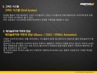 2. 그리드 시스템
 그리드 시스템 (Grid System)
반응형 웹에서 가장 중요한건 그리드 시스템이다. 그리드 시스템으로 인해 유동적으로 사이즈에 맞게 조절
되어 다양한 크기에서도 볼 수 있다.
또한 오늘날의 니즈(모바일 컨텐츠)에 맞추고 유연한 가변성을 제공할 수 있다




3. 테크놀로지와 아트의 만남
 테크놀로지와 아트의 만남 (jQuery / CSS3 / HTML5 Animation)
다양한 브라우저(사파리, 크롬, 파이어폭스, 익스플로러 등)와 업그레이드의 제공으로 웹의 테크놀로지가 향
상되었다.
jQuery는 착수 준비중인 브라우저 효과의 주류이나 불행히도 100%의 지원을 하지는 않는다. 따라서 css3안
에서 대체방안을 사용한 다는 것은 당신의 웹사이트가 대부분의 방문자들과 호환이 가능하여 예외적인 경
험을 제공한다고 볼 수 있다.
웹 디자이너들은 html과 css를 보다 다양하게 이용하는데 html과 css는 컴퓨터 코딩만으로 다양한 액션을
구현해낸다.




                                                 © 2012 SYS4U I&C All rights reserved.
 