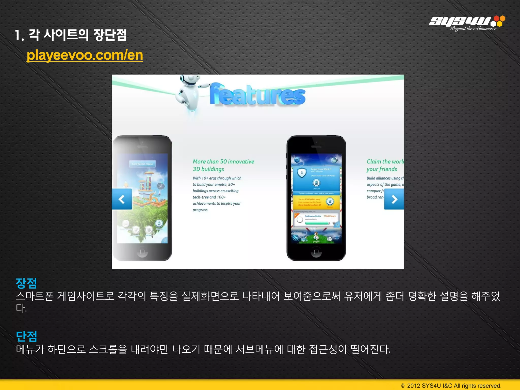 1. 각 사이트의 장단점
 playeevoo.com/en




장점
스마트폰 게임사이트로 각각의 특징을 실제화면으로 나타내어 보여줌으로써 유저에게 좀더 명확한 설명을 해주었
다.

단점
메뉴가 하단으로 스크롤을 내려야만 나오기 때문에 서브메뉴에 대한 접근성이 떨어진다.


                                                 © 2012 SYS4U I&C All rights reserved.
 