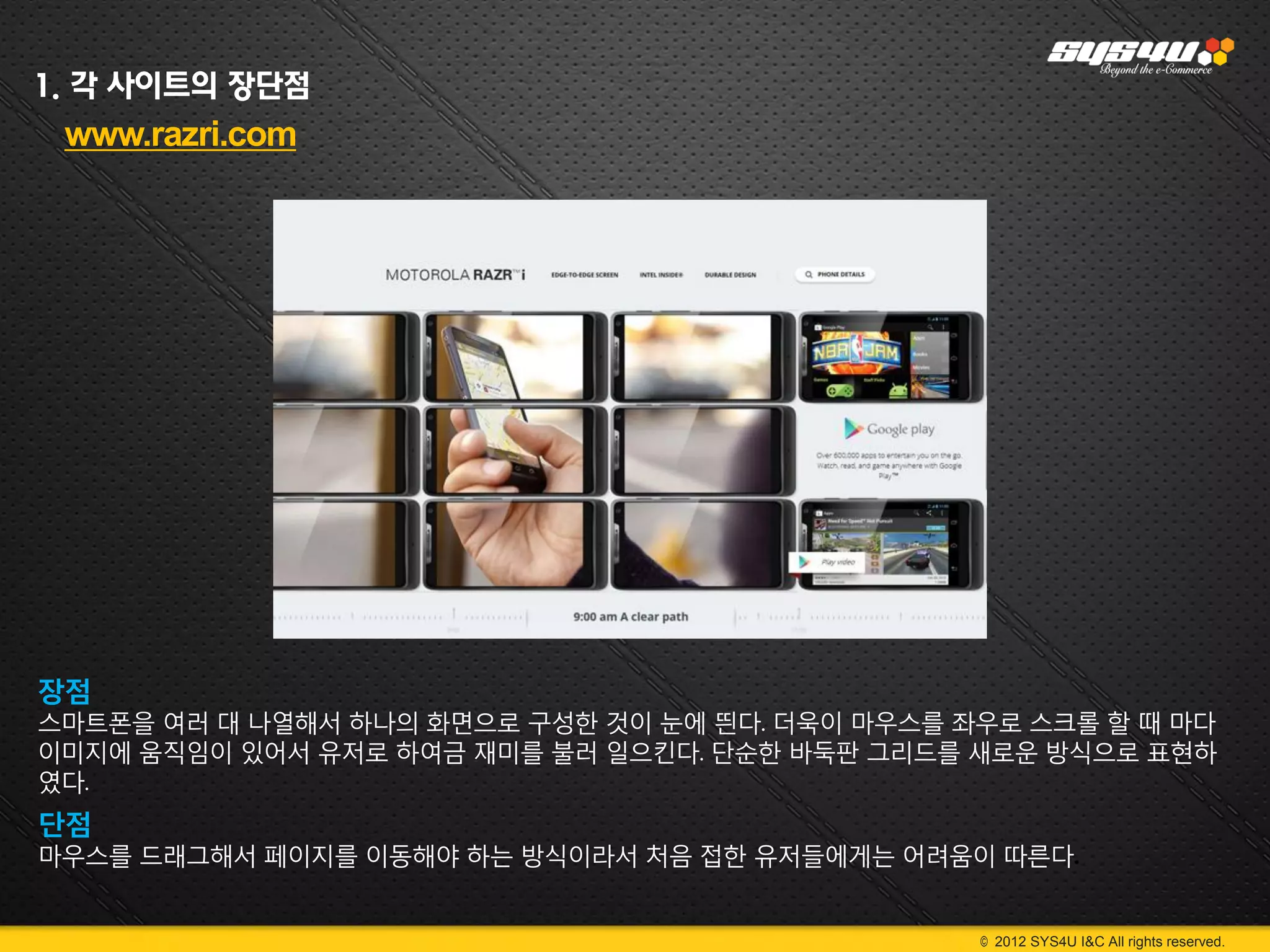 1. 각 사이트의 장단점
 www.razri.com




장점
스마트폰을 여러 대 나열해서 하나의 화면으로 구성한 것이 눈에 띈다. 더욱이 마우스를 좌우로 스크롤 할 때 마다
이미지에 움직임이 있어서 유저로 하여금 재미를 불러 일으킨다. 단순한 바둑판 그리드를 새로운 방식으로 표현하
였다.
단점
마우스를 드래그해서 페이지를 이동해야 하는 방식이라서 처음 접한 유저들에게는 어려움이 따른다.


                                                 © 2012 SYS4U I&C All rights reserved.
 