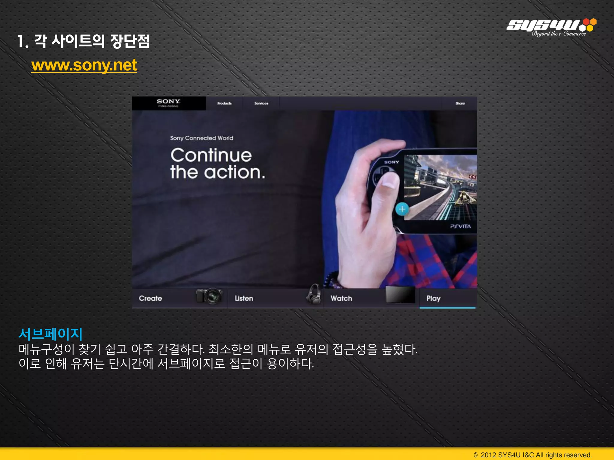 1. 각 사이트의 장단점
 www.sony.net




서브페이지
메뉴구성이 찾기 쉽고 아주 간결하다. 최소한의 메뉴로 유저의 접근성을 높혔다.
이로 인해 유저는 단시간에 서브페이지로 접근이 용이하다.




                                              © 2012 SYS4U I&C All rights reserved.
 