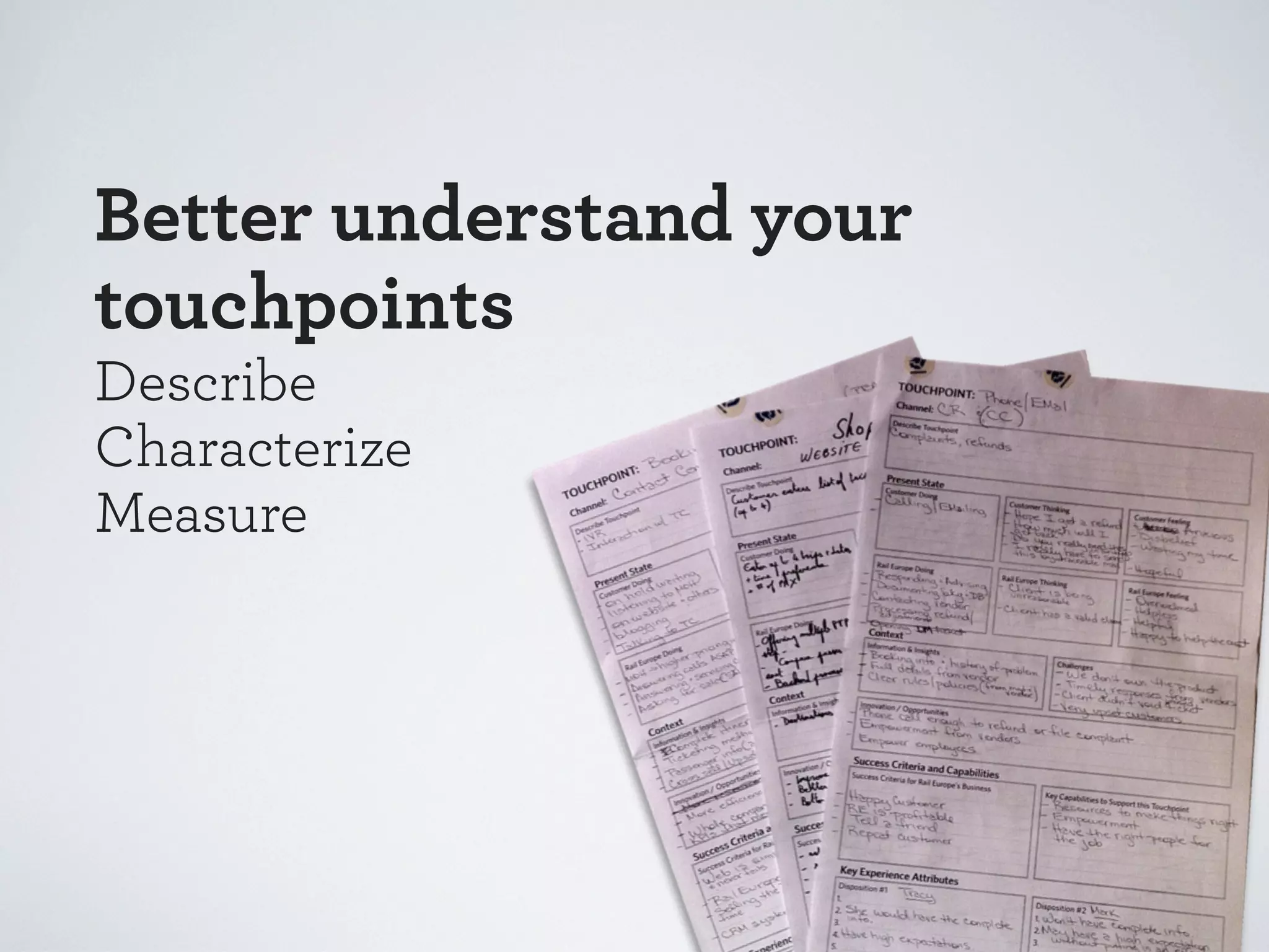 Understand channel context
Multi-channel
Same need met by different channels
Single Channel (Exclusive)
Can only happen in one channel
Cross Channel
Need met spanning multiple channels

 