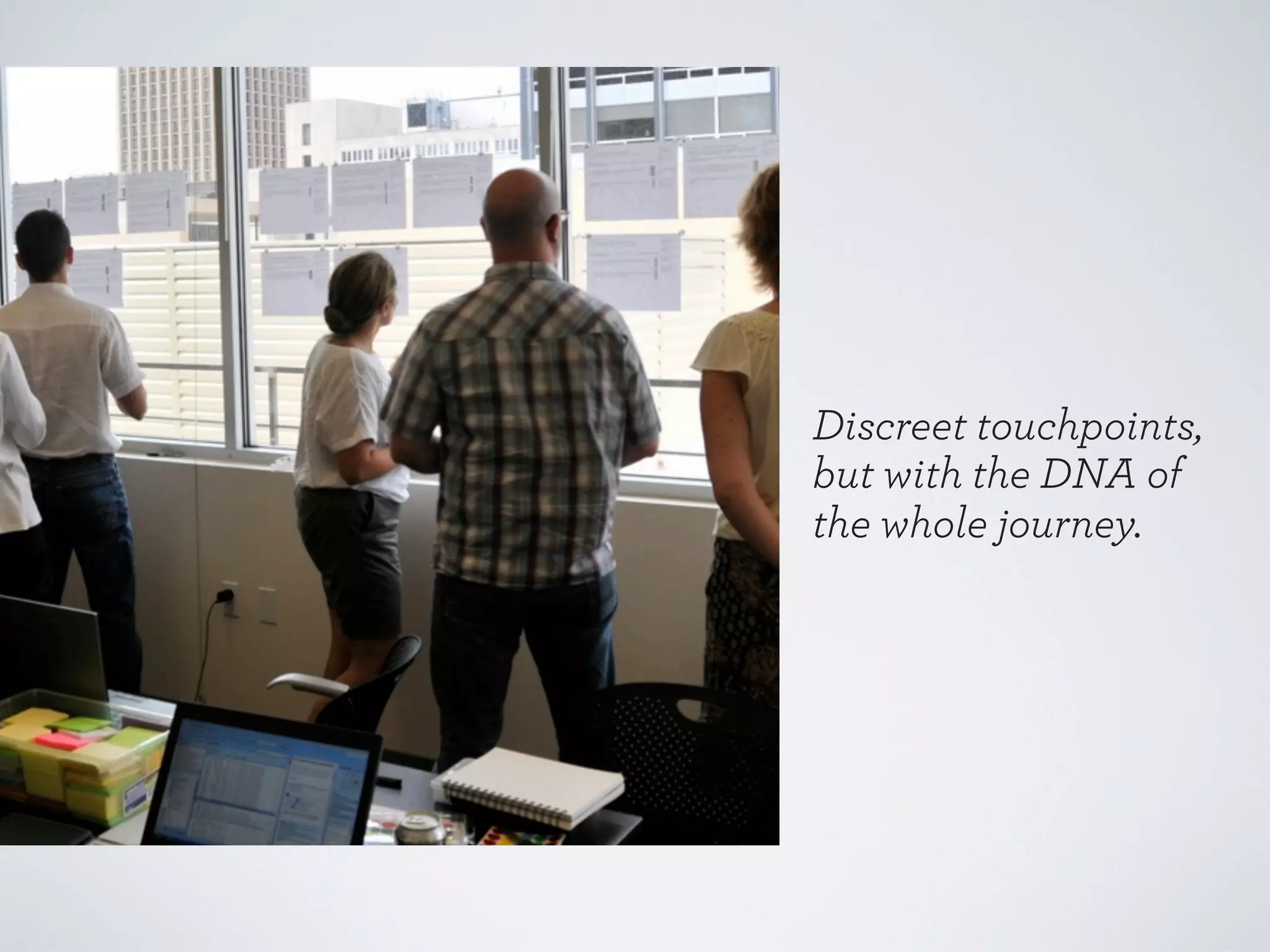 Orchestrating touchpoints
Defining their characteristics
Exclusive

Critical

Enhancement

Sequential

(directly supports value prop)

Continuing

Repair/Recovery

Required (by user)

Frequent

 