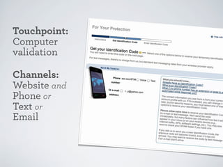 Touchpoint:
Computer
validation
Channels:
Website and
Phone or
Text or
Email

 
