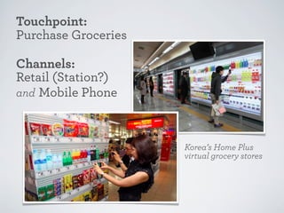 Touchpoint:
Purchase Groceries
Channels:
Retail (Station?)
and Mobile Phone

Korea’s Home Plus
virtual grocery stores

 