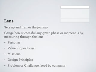 Lens
Sets up and frames the journey
Gauge how successful any given phase or moment is by
measuring through the lens

-

Personas
Value Propositions
Missions
Design Principles
Problem or Challenge faced by company

 