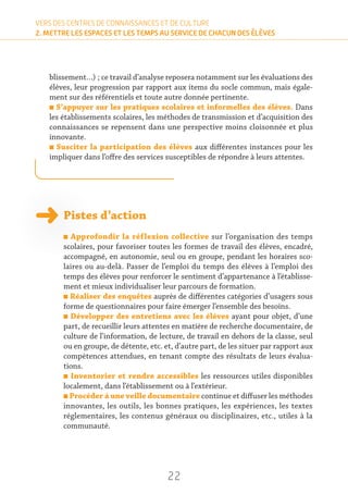22
VERS DES CENTRES DE CONNAISSANCES ET DE CULTURE
2. METTRE LES ESPACES ET LES TEMPS AU SERVICE DE CHACUN DES ÉLÈVES
blissement…) ; ce travail d’analyse reposera notamment sur les évaluations des
élèves, leur progression par rapport aux items du socle commun, mais égale-
ment sur des référentiels et toute autre donnée pertinente.
n S’appuyer sur les pratiques scolaires et informelles des élèves. Dans
les établissements scolaires, les méthodes de transmission et d’acquisition des
connaissances se repensent dans une perspective moins cloisonnée et plus
innovante.
n Susciter la participation des élèves aux différentes instances pour les
impliquer dans l’offre des services susceptibles de répondre à leurs attentes.
Pistes d’action
n Approfondir la réflexion collective sur l’organisation des temps
scolaires, pour favoriser toutes les formes de travail des élèves, encadré,
accompagné, en autonomie, seul ou en groupe, pendant les horaires sco-
laires ou au-delà. Passer de l’emploi du temps des élèves à l’emploi des
temps des élèves pour renforcer le sentiment d’appartenance à l’établisse-
ment et mieux individualiser leur parcours de formation.
n Réaliser des enquêtes auprès de différentes catégories d’usagers sous
forme de questionnaires pour faire émerger l’ensemble des besoins.
n Développer des entretiens avec les élèves ayant pour objet, d’une
part, de recueillir leurs attentes en matière de recherche documentaire, de
culture de l’information, de lecture, de travail en dehors de la classe, seul
ou en groupe, de détente, etc. et, d’autre part, de les situer par rapport aux
compétences attendues, en tenant compte des résultats de leurs évalua-
tions.
n Inventorier et rendre accessibles les ressources utiles disponibles
localement, dans l’établissement ou à l’extérieur.
n Procéder à une veille documentaire continue et diffuser les méthodes
innovantes, les outils, les bonnes pratiques, les expériences, les textes
réglementaires, les contenus généraux ou disciplinaires, etc., utiles à la
communauté.
 