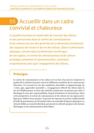 24
VERS DES CENTRES DE CONNAISSANCES ET DE CULTURE
2. METTRE LES ESPACES ET LES TEMPS AU SERVICE DE CHACUN DES ÉLÈVES
05	 Accueillir dans un cadre
convivial et chaleureux
La qualité humaine et matérielle de l’accueil des élèves
et des personnels dans le centre de connaissances
et de culture est une des priorités de la démarche d’évolution
des espaces de travail et de vie des élèves. Dans la dimension
physique, comme dans la dimension numérique
de cet espace, le centre de connaissances et de culture
privilégie animation et communication, ouverture
et partenariat ainsi que l’engagement des élèves.
Principes
Le centre de connaissances et de culture est un lieu d’accueil où s’exprime la
qualité de la relation humaine entre les différents membres de la communauté
éducative. Cet accueil est une des conditions favorables à l’apprentissage du
« vivre, agir, apprendre ensemble »,. L’engagement effectif des élèves dans la
vie de l’établissement et dans des activités extérieures reconnues par celui-ci
développe le sens des responsabilités, l’esprit d’initiative et l’autonomie. Dans
cette perspective, le centre de connaissances et de culture est un espace privi-
légié pour fédérer leurs projets. Il permet de repenser la notion traditionnelle
de salle de permanence en la fondant dans un ensemble d’espaces physiques ou
virtuels dédiés au travail individuel, personnel et collectif, propice à des formes
d’échanges et de communication diversifiées.
 
