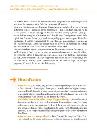 32
VERS DES CENTRES DE CONNAISSANCES ET DE CULTURE
2. METTRE LES ESPACES ET LES TEMPS AU SERVICE DE CHACUN DES ÉLÈVES
les autres, hors la classe, en autonomie, avec ses pairs et de manière générale
avec tous les autres acteurs de la communauté éducative.
Dans son fonctionnement, le centre de connaissances et de culture se prête aux
différents temps – scolaires et/ou personnels – qui coexistent dans la vie de
l’élève (suivre un cours, lire, apprendre, se détendre, échanger, butiner, récupé-
rer un fichier, naviguer, s’informer, etc.). Il aide aussi l’enseignant à sortir de la
rigidité de l’emploi du temps, à modifier sa pédagogie et à développer l’interdis-
ciplinarité. Il facilite l’engagement de toute l’équipe pédagogique et éducative
de l’établissement à la mise en œuvre pour les élèves d’un parcours de culture
de l’information et de formation à l’information (Pacifi2
).
Les personnels et élèves, usagers du centre de connaissances et de culture tra-
vaillent seuls, à deux, en petits groupes, en grands groupes, en amphithéâtre,
en présentiel et/ou à distance, autour d’un écran, d’un tableau (numérique
ou non), de documents. Chacun y apprend des autres et avec les autres, à son
rythme. Les actions qui y sont menées sont en lien avec les objectifs pédago-
giques et éducatifs du projet d’établissement.
Pistes d’action
n Renforcer, pour mieux répondre aux besoins pédagogiques et éducatifs,
la diversification des temps et des espaces de recherche et d’apprentissage :
temps collectifs (avec le groupe classe(s) ou en petits groupes) mais aussi
temps individuels (travail en autonomie sur le temps du cours au centre de
connaissances et de culture ou en dehors du cours).
n Moduler les durées et les temps d’apprentissage : penser les temps
d’activités, de la visite ponctuelle au centre de connaissances et de culture
à des plages plus importantes (1, 2 ou 3 heures), voire une journée ou
une semaine. Penser l’année en termes de temps forts (thématiques, par
exemple) et de temps moins sollicitants pour prendre en compte le rythme
des élèves.
n Augmenter « le temps choisi » dans l’emploi du temps de l’élève (tra-
vail collectif sur la pause méridienne, présence possible en établissement
 