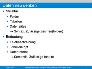 Daten neu denken
    Struktur
          Felder
          Tabellen
          Datensätze
           → Syntax: Zulässige Zeichen(folgen)
    Bedeutung
          Feldbeschreibung
          Tabellenkopf
          Datenformat
           → Semantik: Zulässige Inhalte


    27. April 2012    Jahresversammlung des VdB Regionalverbands Südwest, Mainz   12
 