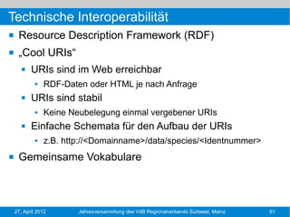 Technische Interoperabilität
    Resource Description Framework (RDF)
    „Cool URIs“
          URIs sind im Web erreichbar
                RDF-Daten oder HTML je nach Anfrage
          URIs sind stabil
                Keine Neubelegung einmal vergebener URIs
          Einfache Schemata für den Aufbau der URIs
                z.B. http://<Domainname>/data/species/<Identnummer>
    Gemeinsame Vokabulare



    27. April 2012       Jahresversammlung des VdB Regionalverbands Südwest, Mainz   61
 