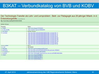 B3KAT – Verbundkatalog von BVB und KOBV




27. April 2012   Jahresversammlung des VdB Regionalverbands Südwest, Mainz   91
 