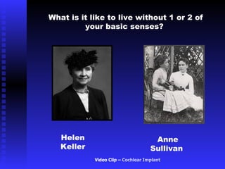 What is it like to live without 1 or 2 of
         your basic senses?




   Helen                             Anne
   Keller                           Sullivan
            Video Clip – Cochlear Implant
 