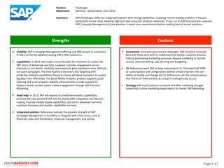 Page	
  §	
  17	
  JASONBARGENT.COM	
  
Strengths	
   Cau7ons	
  
	
  	
  
	
  
	
  
	
  
	
  
	
  
	
  
	
  
	
  
	
  
	
  
	
  
	
  
	
  
	
  
	
  
	
  
	
  
	
  
	
  
	
  
	
  
	
  
	
  
	
  
	
  
	
  
	
  
	
  
	
  
	
  
	
  
§  Viability:	
  SAP's	
  Campaign	
  Management	
  oﬀering	
  saw	
  38%	
  growth	
  in	
  customers	
  
in	
  2012,	
  driven	
  by	
  adopPon	
  among	
  SAP's	
  CRM	
  customers.	
  
	
  
§  Capabili7es:	
  In	
  2012,	
  SAP	
  made	
  it	
  more	
  feasible	
  for	
  marketers	
  to	
  realize	
  the	
  
SAP	
  vision	
  of	
  delivering	
  real-­‐Pme,	
  targeted	
  customer	
  engagement	
  across	
  
channels	
  on	
  any	
  device.	
  Usability	
  improvements	
  gave	
  marketers	
  more	
  ability	
  to	
  
run	
  quick	
  campaigns.	
  The	
  new	
  Audience	
  Discovery	
  and	
  TargePng	
  with	
  
predicPve	
  analyPcs	
  capabiliPes	
  (based	
  on	
  Hana)	
  will	
  allow	
  marketers	
  to	
  exploit	
  
big	
  data	
  more	
  eﬀecPvely.	
  The	
  Social	
  Media	
  AnalyPcs	
  product	
  supports	
  social	
  
listening	
  and	
  social	
  analyPcs.	
  Mobile	
  enhancements	
  include	
  support	
  for	
  
locaPon-­‐based,	
  context-­‐aware	
  mobile	
  engagement	
  through	
  SAP	
  Precision	
  
MarkePng.	
  
	
  
§  Road	
  map:	
  In	
  2013,	
  SAP	
  will	
  expand	
  its	
  predicPve	
  analyPcs	
  capabiliPes,	
  
enhance	
  the	
  now-­‐standard	
  SAP	
  Jam	
  for	
  stakeholder	
  integraPon	
  and	
  decision	
  
making,	
  improve	
  mobile	
  loyalty	
  capabiliPes,	
  and	
  enrich	
  advanced	
  real-­‐Pme	
  
customer	
  discovery	
  and	
  analyPc	
  capabiliPes	
  on	
  Hana.	
  
	
  
§  Integrated	
  solu7on:	
  References	
  indicate	
  the	
  greatest	
  strength	
  of	
  SAP	
  
Campaign	
  Management	
  is	
  its	
  ability	
  to	
  integrate	
  with	
  other	
  areas,	
  such	
  as	
  
ﬁnancials,	
  sales	
  and	
  distribuPon,	
  materials	
  management,	
  and	
  portals.	
  
§  Investment:	
  Cost	
  and	
  value	
  remain	
  challenges.	
  SAP	
  funcPons	
  resonate	
  
best	
  with	
  those	
  who	
  wish	
  to	
  understand	
  the	
  holisPc	
  customer	
  process	
  
fully	
  by	
  automaPng	
  markePng	
  processes	
  beyond	
  markePng	
  to	
  include	
  
service,	
  sales	
  and	
  billing,	
  and	
  planning	
  and	
  budgePng.	
  
	
  
§  UI:	
  References	
  want	
  SAP	
  to	
  keep	
  improving	
  its	
  UI.	
  The	
  latest	
  SAP	
  CRM	
  
UI	
  customizaPon	
  and	
  conﬁguraPon	
  abiliPes	
  should	
  improve	
  end-­‐user	
  
ability	
  to	
  modify	
  and	
  change	
  the	
  UI.	
  References	
  cite	
  the	
  customizaPons	
  
and	
  reskins	
  of	
  their	
  soluPon	
  as	
  criPcal	
  in	
  making	
  it	
  easy	
  to	
  use.	
  
	
  
§  Strategy:	
  SAP	
  must	
  conPnue	
  to	
  extend	
  and	
  oﬀer	
  markePng	
  thought	
  
leadership	
  to	
  drive	
  markePng	
  departments	
  to	
  choose	
  SAP	
  MarkePng.	
  
Posi7on:	
  
Movement:	
  
	
  
Summary:	
  
Challenger	
  
Declined	
  -­‐	
  Moved	
  down	
  since	
  2012	
  
	
  
SAP	
  (Challenger)	
  oﬀers	
  an	
  integrated	
  soluPon	
  with	
  strong	
  capabiliPes,	
  including	
  market-­‐leading	
  analyPcs.	
  It	
  focuses	
  
parPcularly	
  on	
  the	
  retail,	
  banking,	
  high-­‐tech	
  and	
  consumer	
  products	
  industries.	
  If	
  you	
  run	
  an	
  SAP	
  environment,	
  evaluate	
  
SAP	
  Campaign	
  Management	
  to	
  see	
  whether	
  it	
  meets	
  your	
  requirements	
  before	
  seeking	
  best-­‐of-­‐breed	
  soluPons.	
  
 