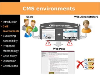 CMS environments
                  Users                       Web Administrators
• Introduction
• CMS                       CMS environment

 environments
• Evaluating
                          Data
                                   +   Templates
 accessibility
• Proposed
                                 Web Page
 Methodology
• Case study
• Discussion
• Conclusions
 