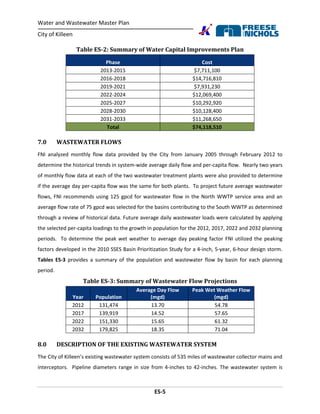 Water and Wastewater Master Plan
City of Killeen
ES-5
Table ES-2: Summary of Water Capital Improvements Plan
Phase Cost
2013-2015 $7,711,100
2016-2018 $14,716,810
2019-2021 $7,931,230
2022-2024 $12,069,400
2025-2027 $10,292,920
2028-2030 $10,128,400
2031-2033 $11,268,650
Total $74,118,510
7.0 WASTEWATER FLOWS
FNI analyzed monthly flow data provided by the City from January 2005 through February 2012 to
determine the historical trends in system-wide average daily flow and per-capita flow. Nearly two years
of monthly flow data at each of the two wastewater treatment plants were also provided to determine
if the average day per-capita flow was the same for both plants. To project future average wastewater
flows, FNI recommends using 125 gpcd for wastewater flow in the North WWTP service area and an
average flow rate of 75 gpcd was selected for the basins contributing to the South WWTP as determined
through a review of historical data. Future average daily wastewater loads were calculated by applying
the selected per-capita loadings to the growth in population for the 2012, 2017, 2022 and 2032 planning
periods. To determine the peak wet weather to average day peaking factor FNI utilized the peaking
factors developed in the 2010 SSES Basin Prioritization Study for a 4-inch, 5-year, 6-hour design storm.
Tables ES-3 provides a summary of the population and wastewater flow by basin for each planning
period.
Table ES-3: Summary of Wastewater Flow Projections
Year Population
Average Day Flow
(mgd)
Peak Wet Weather Flow
(mgd)
2012 131,474 13.70 54.78
2017 139,919 14.52 57.65
2022 151,330 15.65 61.32
2032 179,825 18.35 71.04
8.0 DESCRIPTION OF THE EXISTING WASTEWATER SYSTEM
The City of Killeen’s existing wastewater system consists of 535 miles of wastewater collector mains and
interceptors. Pipeline diameters range in size from 4-inches to 42-inches. The wastewater system is
 