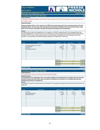 OPINION OF PROBABLE COST
Construction Project Number 1S
ITEM DESCRIPTION QUANTITY UNIT UNIT PRICE TOTAL
1 Lift Station Expansion to 2.5 MGD 1 EA 700,000$ 700,000$
2 6" Force Main 5,500 LF 36$ 198,000$
3 10" Pipe 2,400 LF 60$ 144,000$
4 48" Diameter Manhole 5 EA 4,000$ 20,000$
SUBTOTAL: $1,062,000
CONTINGENCY 20% $212,400
SUBTOTAL: $1,274,400
ENG/SURVEY 12% $152,930
SUBTOTAL: $1,427,330
PROJECT TOTAL $1,427,330
Construction Project Number 2S
ITEM DESCRIPTION QUANTITY UNIT UNIT PRICE TOTAL
1 27" Pipe 2,100 LF 162$ 340,200$
2 48" Diameter Manhole 6 EA 4,000$ 24,000$
3 Pavement Repair 150 LF 30$ 4,500$
SUBTOTAL: $368,700
CONTINGENCY 20% $73,740
SUBTOTAL: $442,440
ENG/SURVEY 12% $53,100
SUBTOTAL: $495,540
PROJECT TOTAL $495,540
Purpose
The diversion structure will reduce the flow to Lift Station #1 during peak wet weather flow events and divert the flow to Lift
Station #6.
2013-2015
City of Killeen
The proposed 27-inch wastewater main runs parallel to Water St. from 38th Street to Lift Station #6. The diversion
structure collects flow from north, south, and east of Lift Station #1 and diverts it to Lift Station #6 while also
diverting excess flow at Lift Station #1.
Detailed Description
Lift Station #1 Diversion Structure and Gravity Main
Purpose
August 8, 2012
Detailed Description
Lift Station #23 Expansion and 6-inch Force Main/10-inch Gravity Main to Divert Flow from
Lift Station #23
Project Description
Project Description
Expand Lift Station #23 to a firm capacity of 2.5 MGD and provide stub-out for future pumping diversion through
Goodnight Ranch. The new force main and gravity main will divert 0.75 MGD of flow from the South Nolan Creek
Basin to the Trimmier Creek Basin through the proposed Goodnight Ranch Development.
Lift Station #23 will need to be expanded to a firm capacity of 2.5 MGD to support growth in the Goodnight Ranch and
Mohawk developments. The plan for the future is to divert some of the flow through the Goodnight Ranch development to
the South WWTP. Growth in the southern portion of the South Nolan Creek Basin due to the Goodnight Ranch and
Mohawk Dr. developments will exceed the existing capacity of Lift Station #23 in the future.
B‐1
 