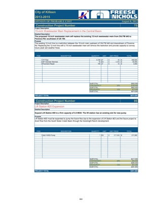 OPINION OF PROBABLE COST
2013-2015
City of Killeen
August 8, 2012
Construction Project Number 7S
ITEM DESCRIPTION QUANTITY UNIT UNIT PRICE TOTAL
1 15" Pipe 5,100 LF 90$ 459,000$
2 48" Diameter Manhole 10 EA 4,000$ 40,000$
3 Pavement Repair 100 LF 30$ 3,000$
SUBTOTAL: $502,000
CONTINGENCY 20% $100,400
SUBTOTAL: $602,400
ENG/SURVEY 12% $72,290
SUBTOTAL: $674,690
PROJECT TOTAL $674,690
Construction Project Number 8S
ITEM DESCRIPTION QUANTITY UNIT UNIT PRICE TOTAL
1 Add 4 MGD Pump 1 EA 217,000$ 217,000$
SUBTOTAL: $217,000
CONTINGENCY 20% $43,400
SUBTOTAL: $260,400
ENG/SURVEY 12% $31,250
SUBTOTAL: $291,650
PROJECT TOTAL $291,650
The proposed 15-inch wastewater main will replace the existing 12-inch wastewater main from Old FM 440 to
Florence Rd. southwest of US 190.
Purpose
The existing 12-inch line is a restriction between the 15-inch main upstream of Old FM 440 and downstream of Florence
Rd. Replacing the 12-inch line with a 15-inch wastewater main will remove the restriction and provide capacity to convey
future peak wet weather flows.
Project Description
15-inch Wastewater Main Replacement in the Central Basin
Detailed Description
Project Description
Lift Station #20 Expansion
Detailed Description
Expand Lift Station #20 to a firm capacity of 4.0 MGD. The lift station has an existing slot for new pump.
Purpose
Lift Station #20 must be expanded to pump the future flow due to the expansion of Lift Station #23 and the future project to
divert flow from the South Nolan Creek Basin through the Goodnight Ranch development.
B‐4
 